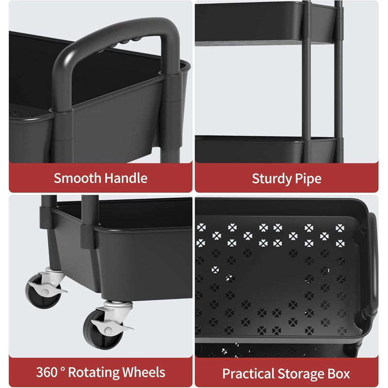 Plastic Rolling Utility Cart with, Black