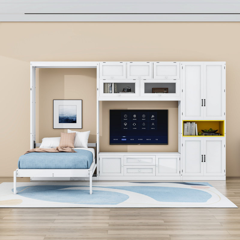 Lit escamotable simple 2 tiroirs en bois avec tablettes et armoires, Blanc