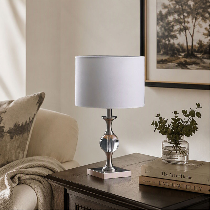 Lampe de table, 19,75 po, nickel satiné, orbe en cristal massif, métal, argent