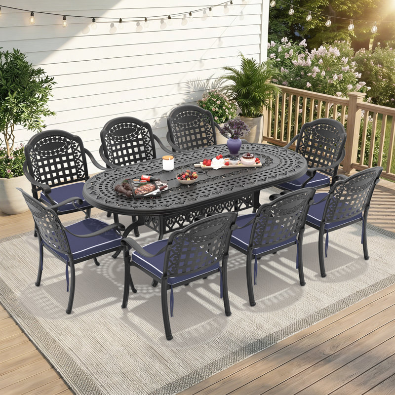 9-Piece Outdoor Dining Set, 81.89"L Oval Table with Umbrella Hole & 8 Stackable Chairs with Blue Cushions, 8