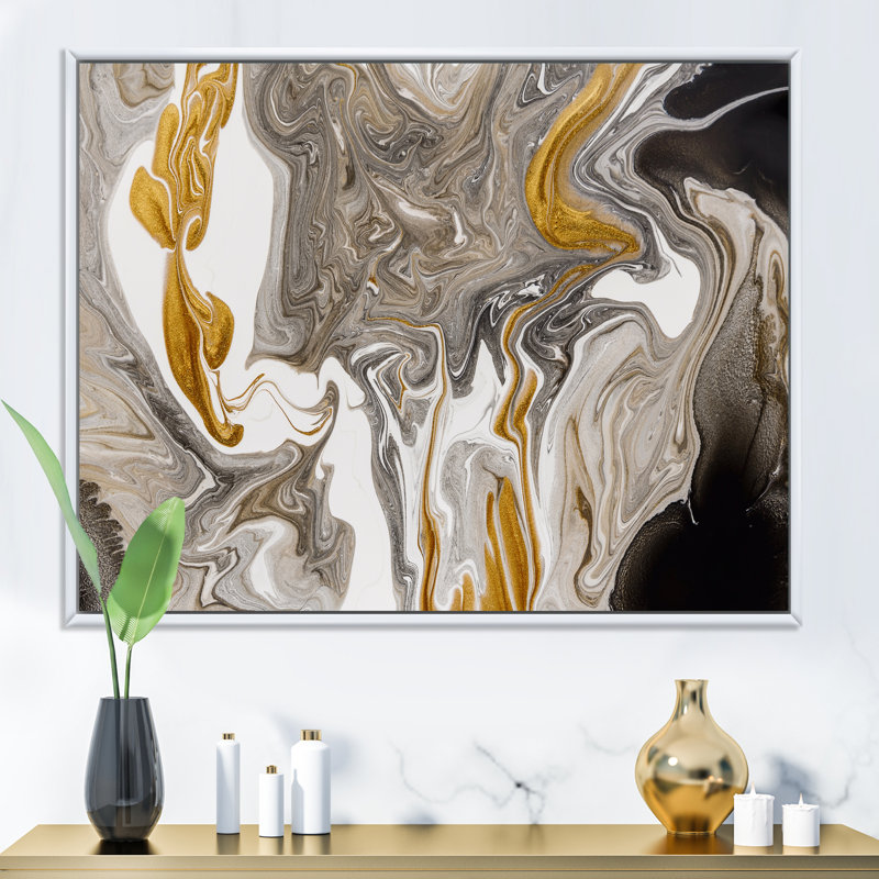 Vagues de marbre dorées et grises - peinture sur toile, H 12 po x l 20 po, Cadre flottant blanc