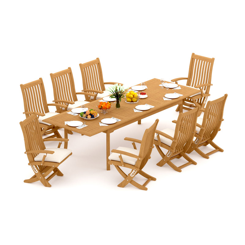 8 Seats 9 Pcs Grade-A Teak Wood Dining Set: 118" Double Extension Rectangle Table And 8 Warwick Reclining Arm Chairs #11Wa2408