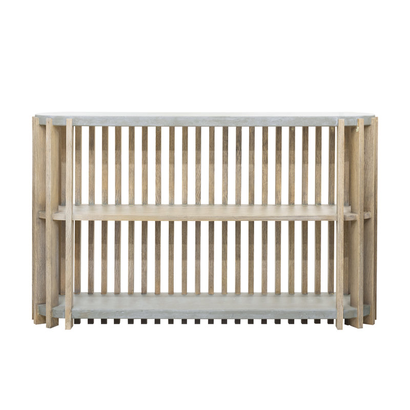 Beige and Gray Wood Slat Display Console with Concrete Top