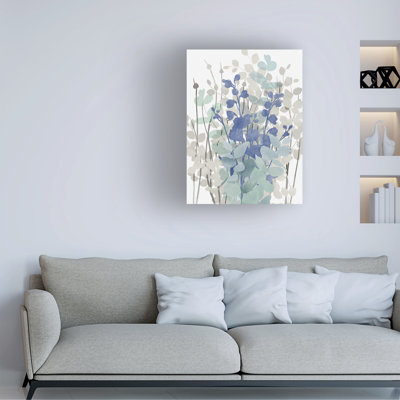 «Airy Blue Flowers and Eucalyptus 02» par Cora Niele - peinture sur toile tendue