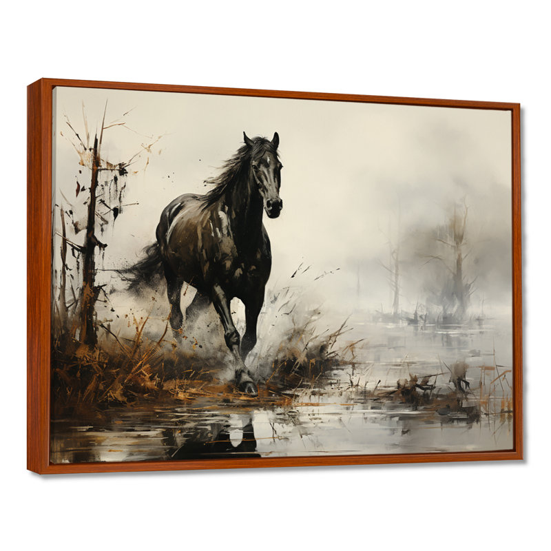 «Grey Horse Misty Morning Canter II», art mural cheval, H 30 po x l 40 po x P 1,5 po, Cadre flottant brun