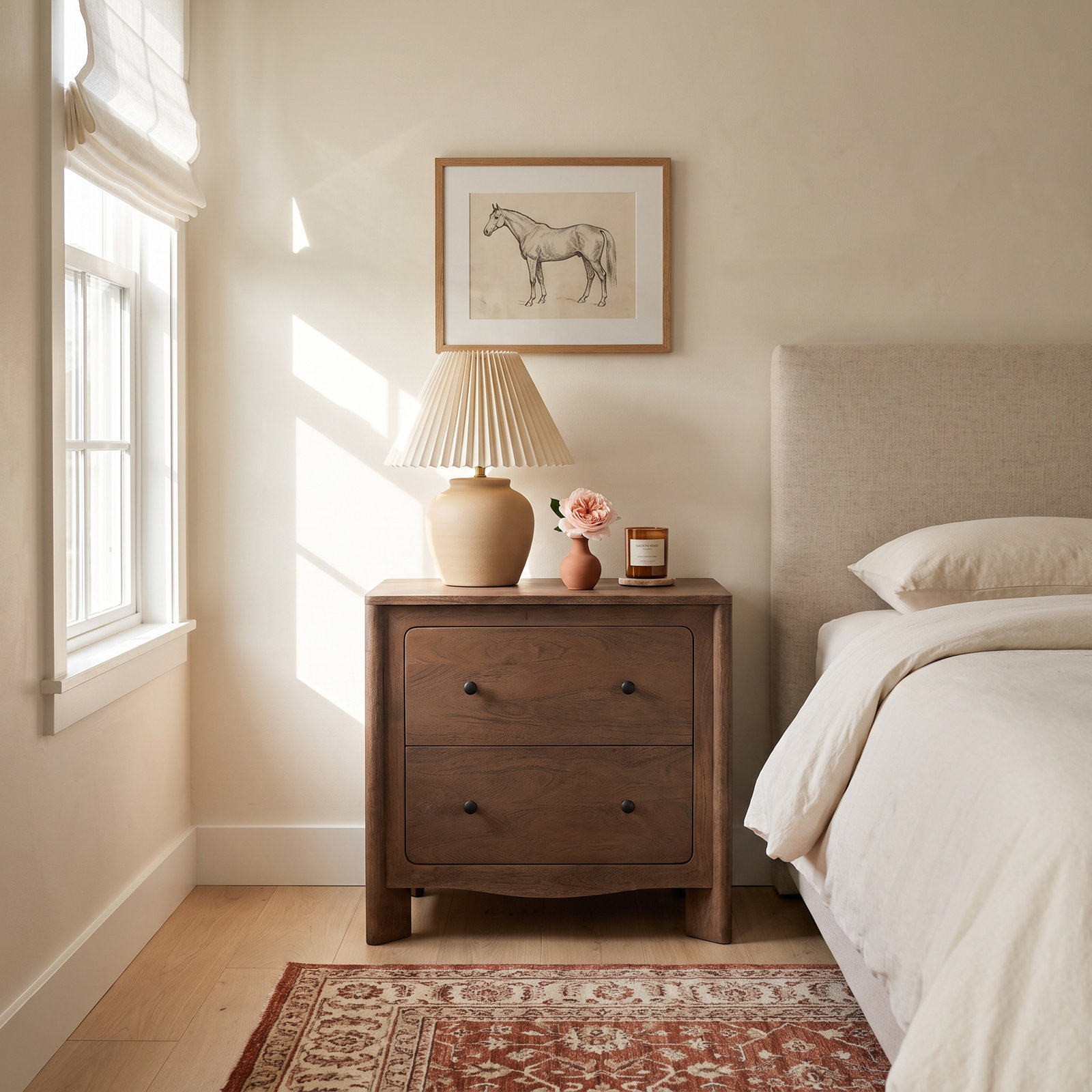 2-Drawer Curved Acacia Nightstand