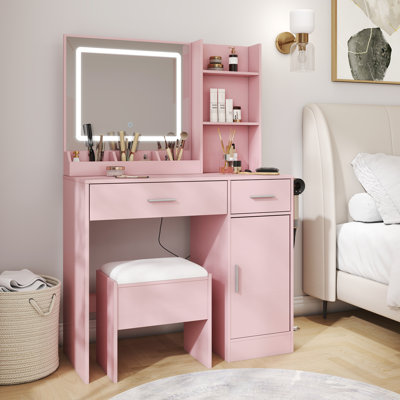Vanity Desk with Stool, LED Light Mirror and Charging Station