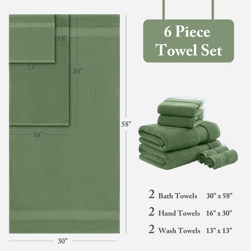 Ensemble de serviettes surdimensionnées 100% coton Turkish, Vert, Ensemble de serviettes 6 pièces