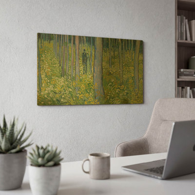 «Sous-bois avec deux personnages» par Vincent Van Gogh, art mural en métal doré, 24 po x 12 po