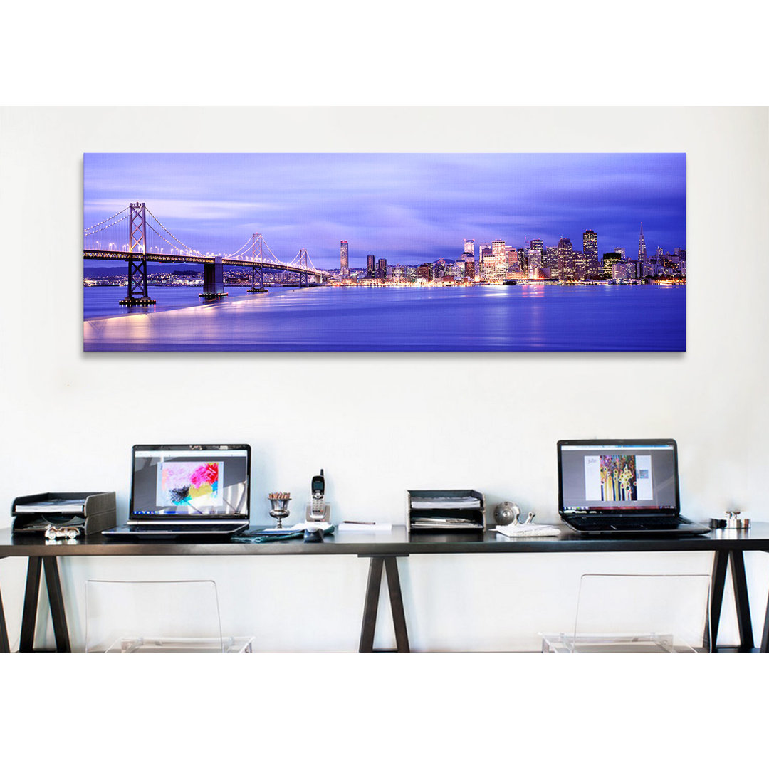 Panoramic Bridge lit up at dusk by Bridge, San Francisco Bay, San Francisco, California, USA - Wrapped Canvas Photographic Print Ebern Designs 