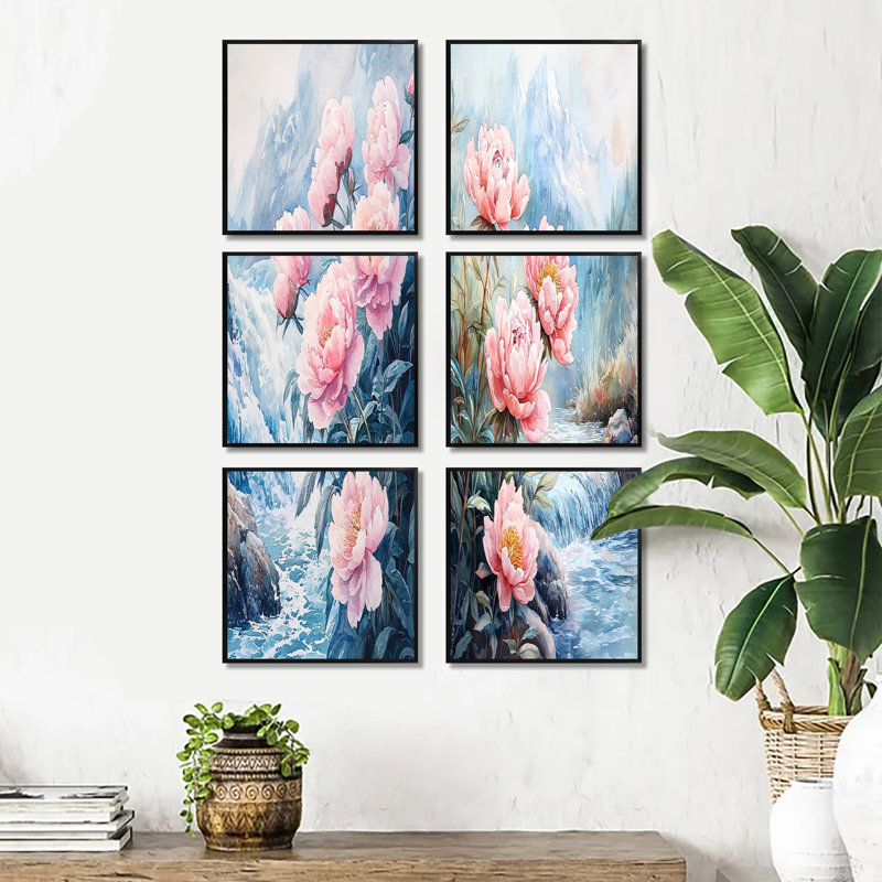 Pivoines hivernales et la rivière Glacier - Ensemble de 6 impressions florales sur toile, Noir