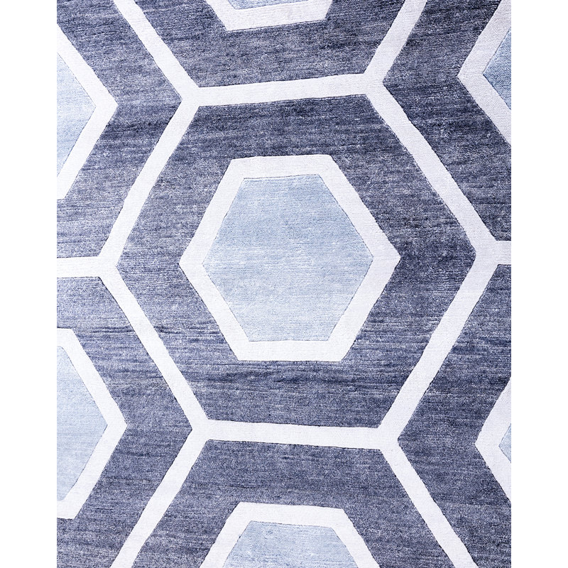 Gray and White Hand-Knotted Silk Rectangular Area Rug