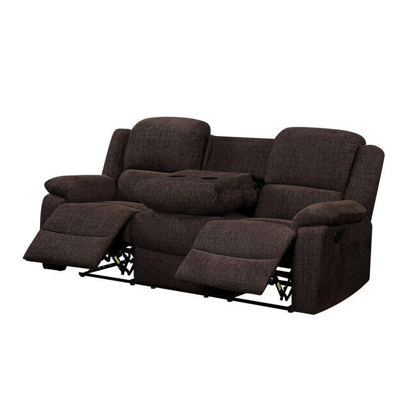 Chenille brune inclinable pour 3 personnes avec structure en métal et en bois, table rabattable et coussins de siège serrés, profondeur d'inclinaison complète, base murale