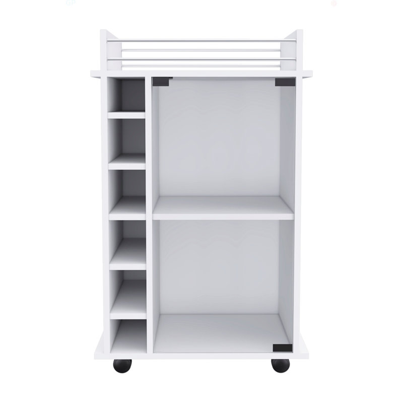 Chariot-bar Dukat, deux tablettes, six supports à vin intégrés, quatre roulettes, Blanc, H 35,04 po x l 21,55 po x P 16,25 po