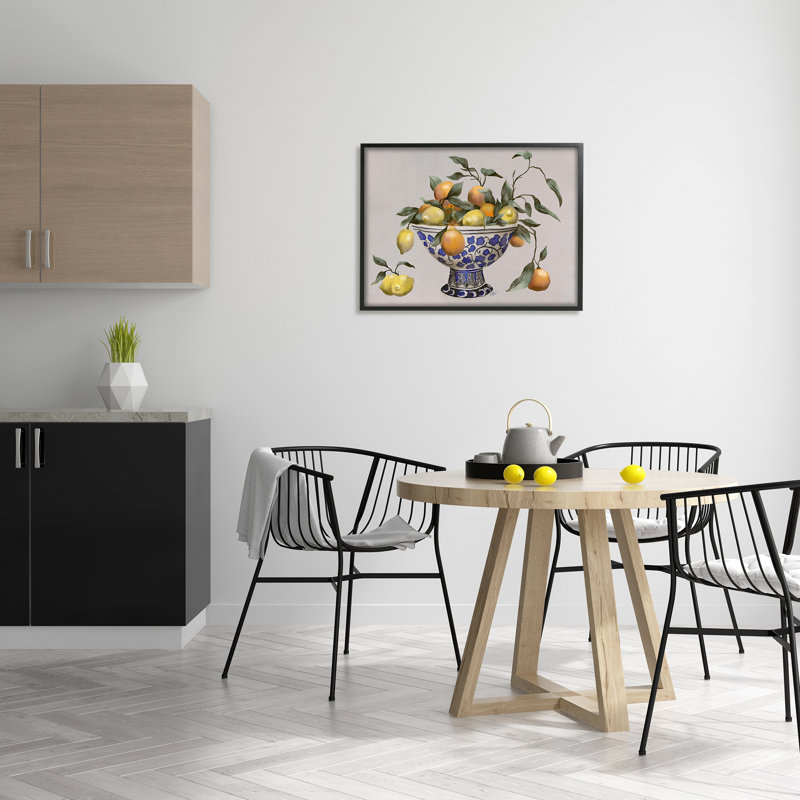 Bol à poterie à motif de feuilles d'agrumes mélangées, Giclée encadrée noir minuit, H 24 po x l 30 po x P 1,5 po