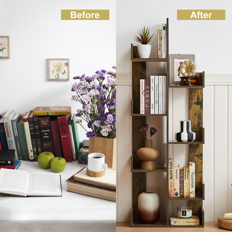 Bibliothèque en bois Melgarejo, étagère à livres étroite sur 8 niveaux, bibliothèque en forme d'arbre avec 8 tablettes, grande étagère de rangement verticale pour le salon, la chambre à coucher, le bureau personnel et les petits espaces