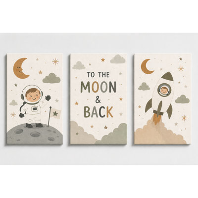 Grand ensemble de 3 to the Moon and back astronaut Nursery Wall Art Space Rocket, impressions sur toile pour chambre d'enfant, impression sur toile 16 x 24 pouces - prête à être accrochée