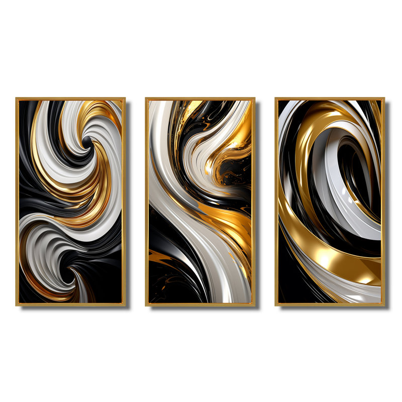 Liquide or noir et blanc tourbillonnant dimension III - spirales abstraites ensemble d'art de 3 pièces, H 40 po x l 60 po