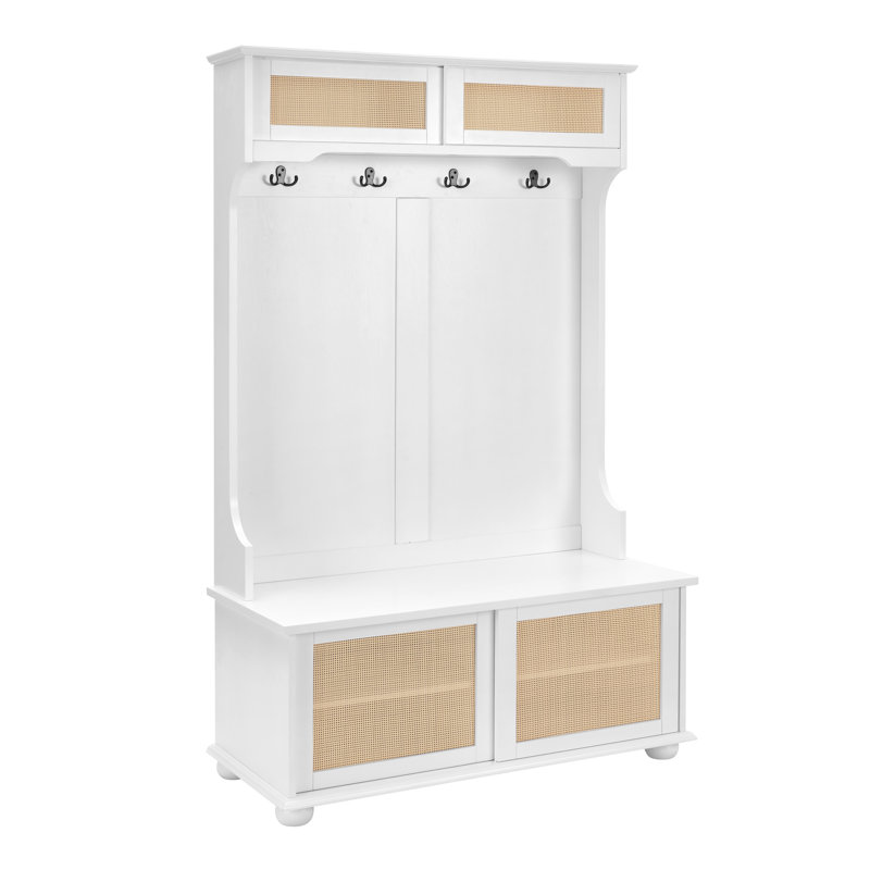 Clothes Hanger Hall Tree Storage Bench Shoe Rack For Entryway, Hall Tree With Bench And Shoe Storage, Hall Tree Entryway Bench With Rattan Door 40.16"W*18.58"D*64.17"H