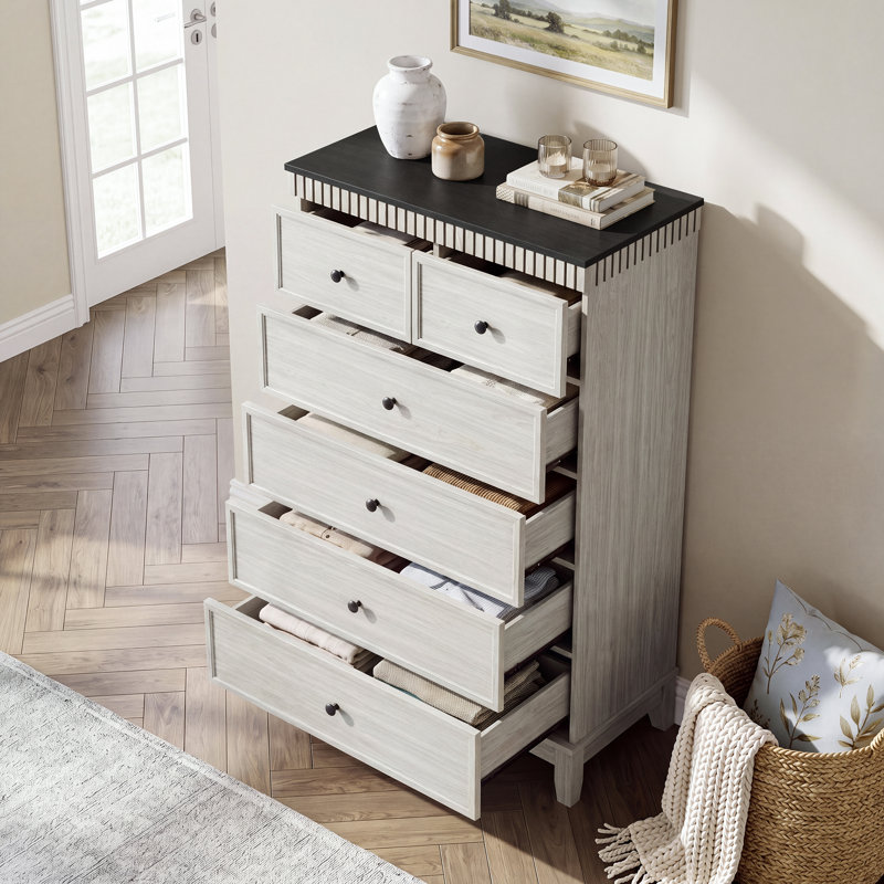 Commode haute 6 tiroirs pour chambre à coucher avec détails à clé de piano et rangement bien dimensionné, Blanc et noir