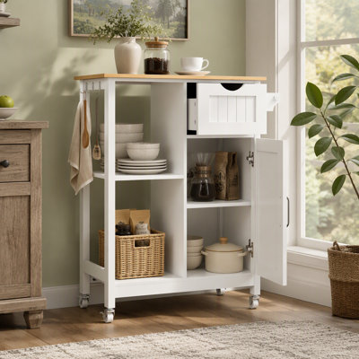 Kitchen Island Cart with  Mobile Carts with Storage Cabinet, Rolling Kitchen Table with Spice Rack, Towel Rack, and Drawer, Portable Islands on Wheels, White