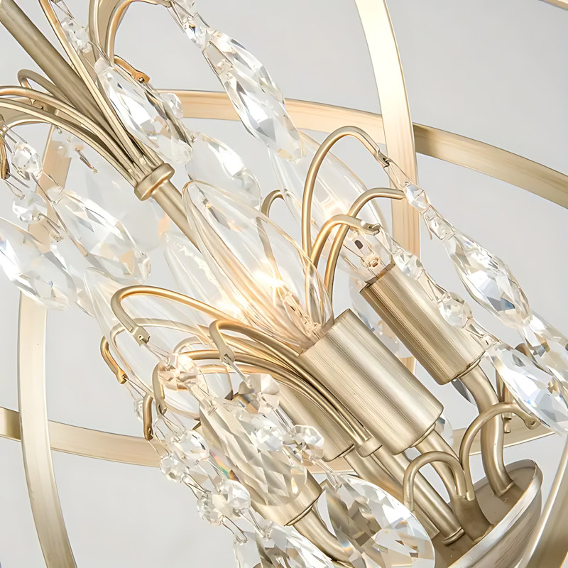 Lustre en cristal doré à 4 lumières sphériques encastrées, abat-jour en forme de sphère industrielle avec abat-jour en forme de goutte d'eau, luminaire suspendu réglable pour la salle à manger
