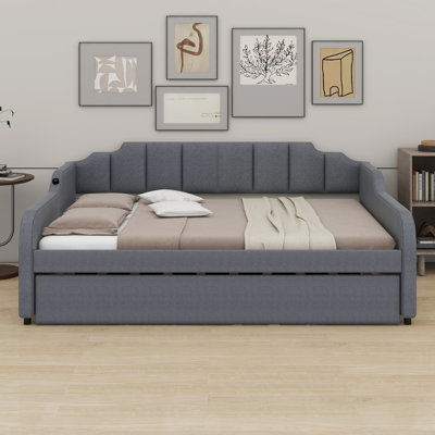 Upholstery Daybed With Trundle And USB Charging Design,Trundle Can Be Flat Or Erected