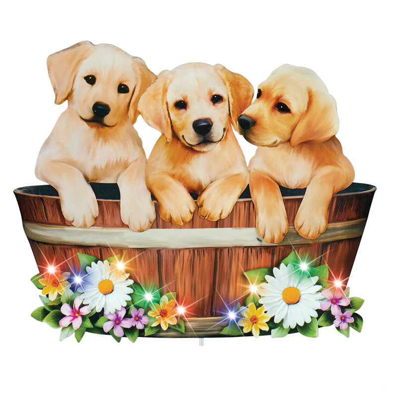 Iron Solar Powered Garden Stake with Puppies and Flowers