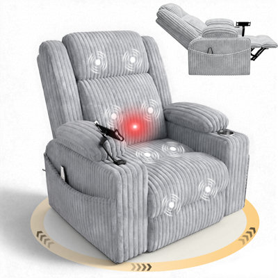Fauteuil inclinable électrique surdimensionné avec massage et chaleur, fauteuil oscillant confortable pour le salon ou la chambre de bébé avec porte-gobelets, rangement pour accoudoirs, ports USB et Type-C, gris