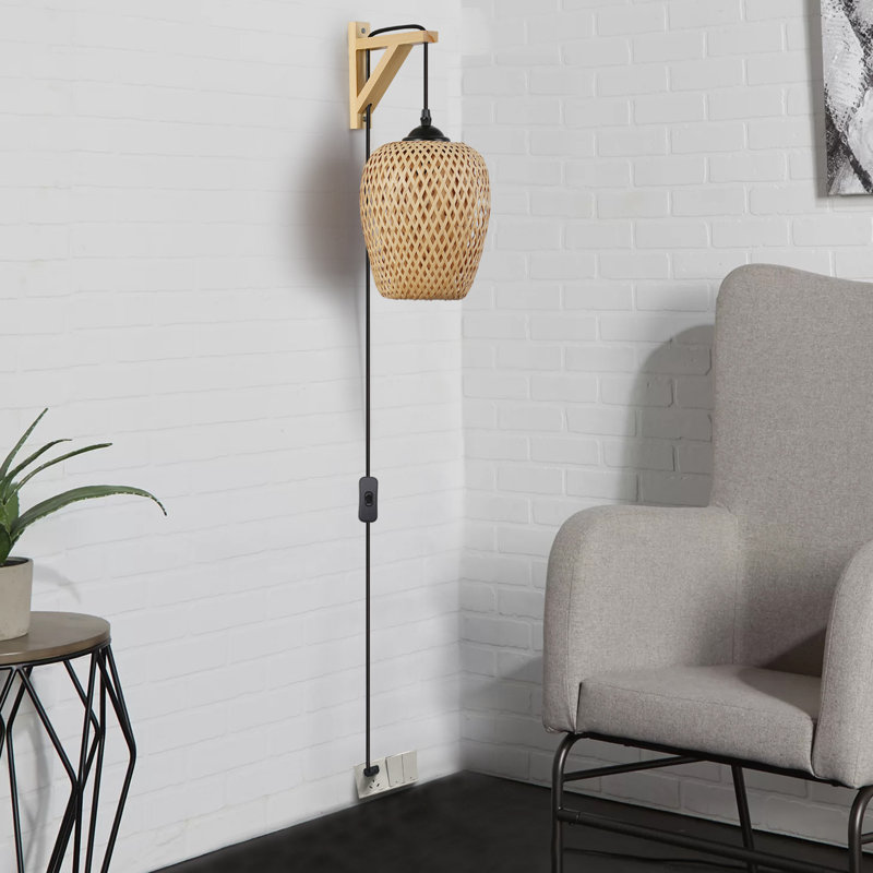 Cordrey Modern Bamboo Plug in Wall Lamp-Farmhouse Handmade Rattan Lamp for Living Room