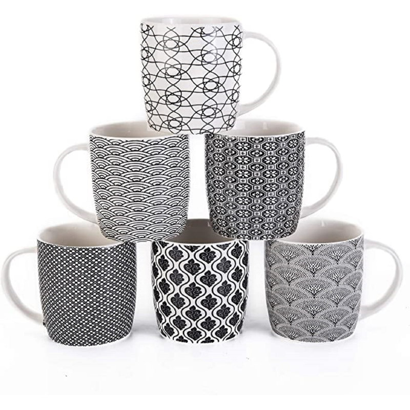 Ensemble de 6 tasses à café 11,5 oz avec motifs géométriques noir et blanc, ensemble de tasses à thé en céramique