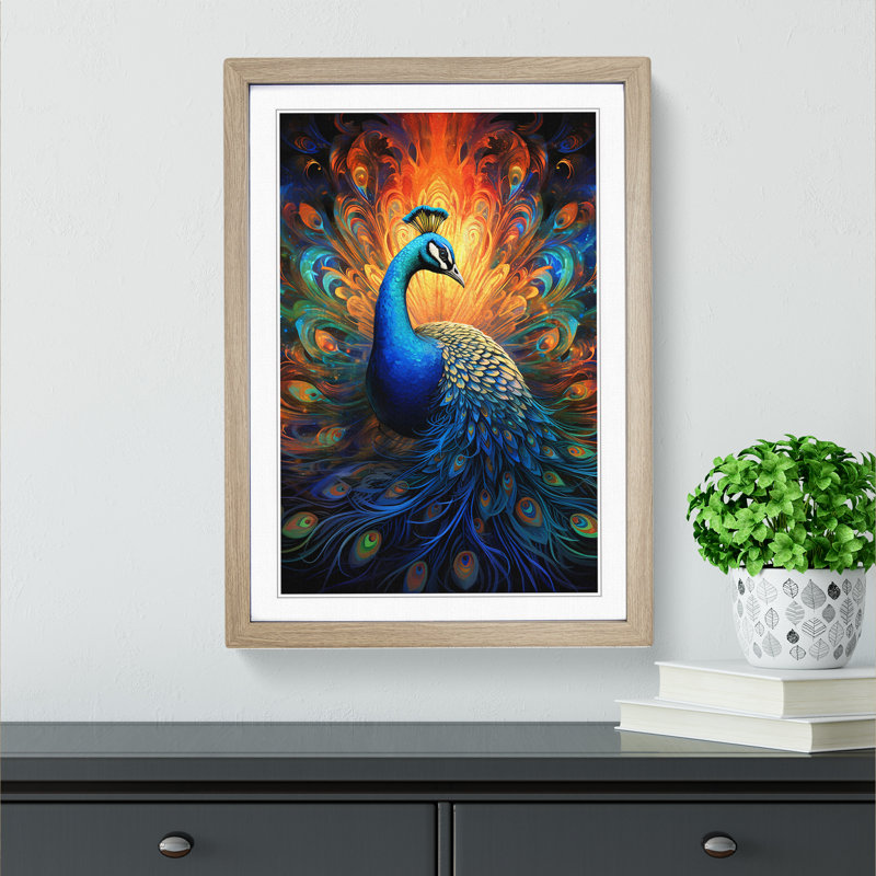 Peacock Futurism No.2 - Single Picture Frame Print on Wood, Oak Framed, 64cm H x 46cm W x 2" D