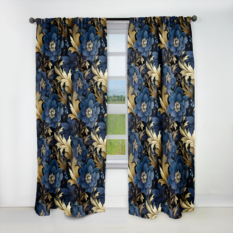 Mystical Blue Damask Mirage Velvet Blackout Single Curtain Panel, 52" W x 63" L