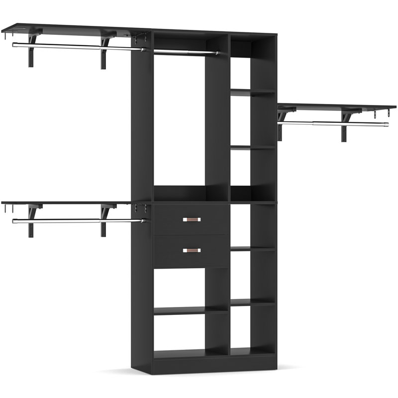 Rhandy 96" Closet System With Wooden Drawers & 13 Shelves (Can Be Cut To Fit), Black