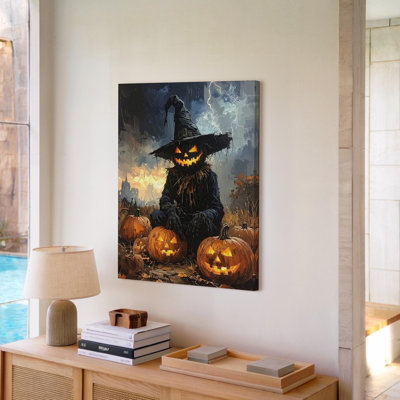 Wall Art Haunted Scarecrow Guardian Gothic Jack O Lantern And Castle Halloween Wall Canvas Ready To Hang Gallery Wrapped Home Decor