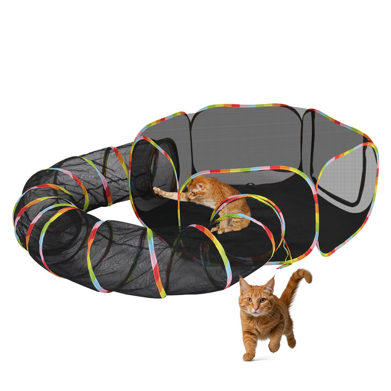 Black Mesh Outdoor Portable Cat Play Tent with Tunnel