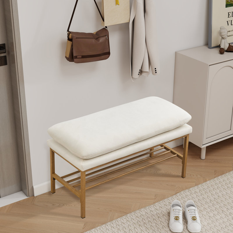 Upholstered Entryway Bench, Storage Shoe Bench With Shelf And Metal Legs, Beige