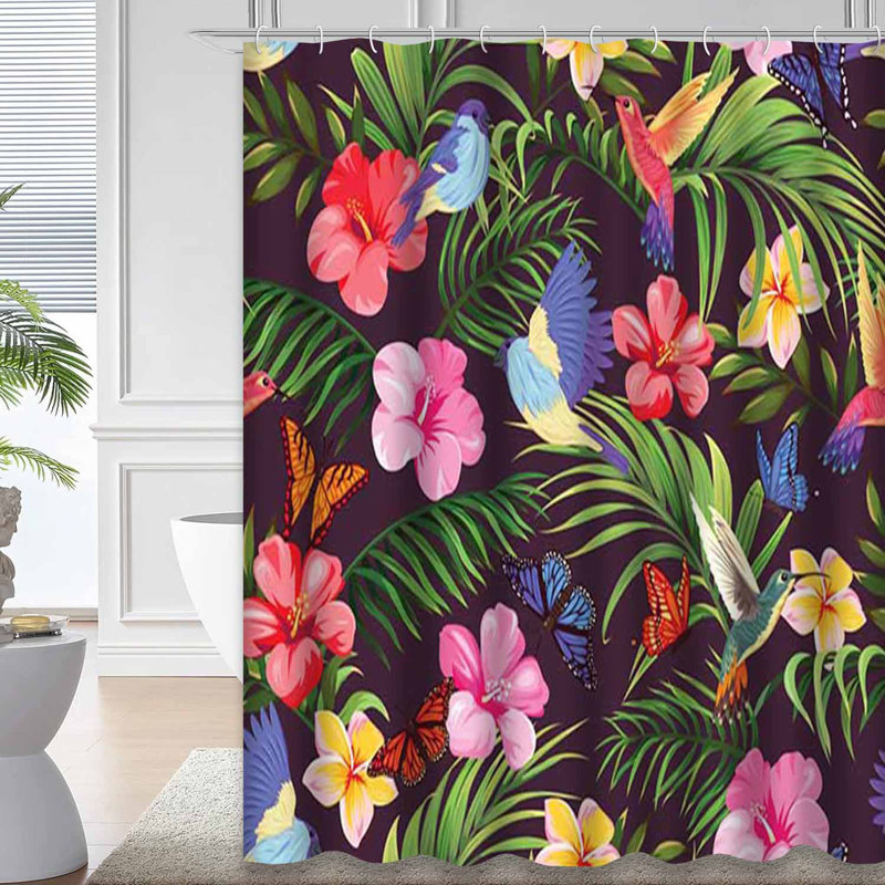 Rideau de douche sans soudure à motif de plantes tropicales avec 12 crochets, L 72 po x l 78 po