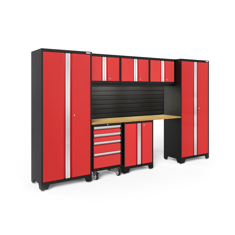 Bold Series 8 Piece Garage Storage Cabinet System Set, Red/Bamboo