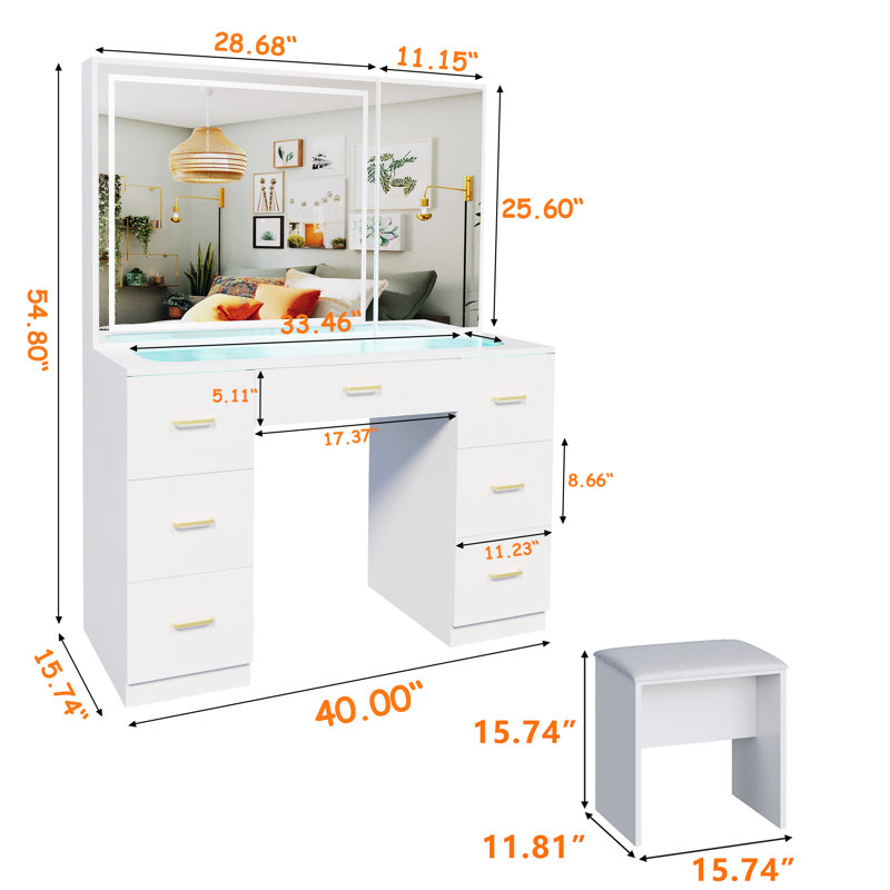 Ensemble de meuble-lavabo avec grand miroir lumineux à DEL, table de maquillage à 7 tiroirs, bureau de meuble-lavabo en verre avec armoire (plateau en verre)