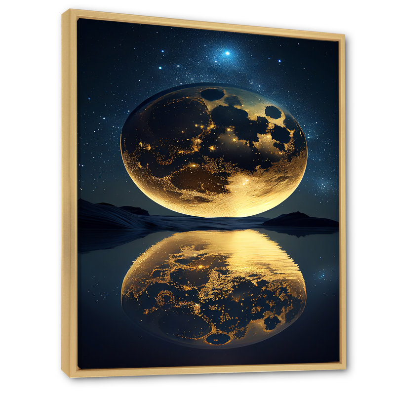 «Golden Full Moon Beach Dream By Night Shore I», reproduction sur toile, H 44 po x l 34 po x P 1,5 po, Cadre flottant brun