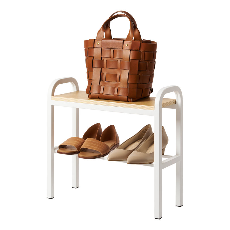 White Steel and Wood Entryway Shoe Organizer Bench with Storage
