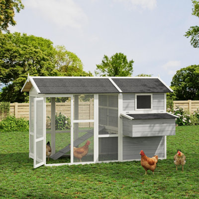 Large Wooden Chicken Coop for 4-6 Hens – 80" Outdoor Hen House with Nesting Box & Run – Waterproof Asphalt Roof, Removable Tray & Lockable Doors – Secure Backyard Cage, Grey and White
