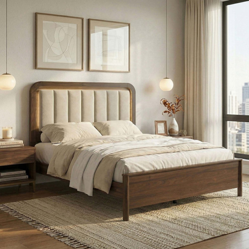 Lit Queen capitonné avec éclairage DEL et design moderne du milieu du siècle