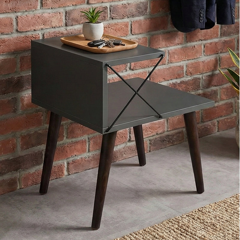 Table de chevet avec 4 pieds en hêtre et tablettes en métal, Noir / brun