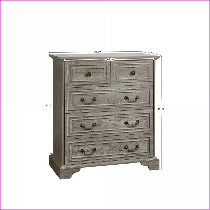 Dressers: Farmhouse 5-Drawer Antique White Organizer for Bedroom/Living Room | Engineered Wood | Natural Texture, Gray