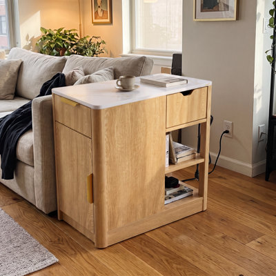 Table d'appoint de 60 cm de hauteur avec station de recharge, tiroir, garde-robe et 2 tablettes ouvertes