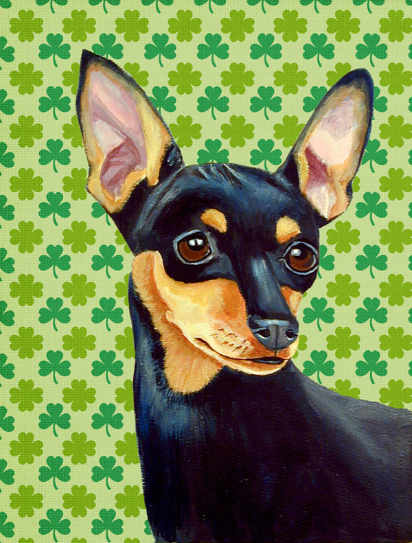 Drapeau de jardin à 2 côtés st. patrick day trèfle, Pinscher nain (noir et brun)