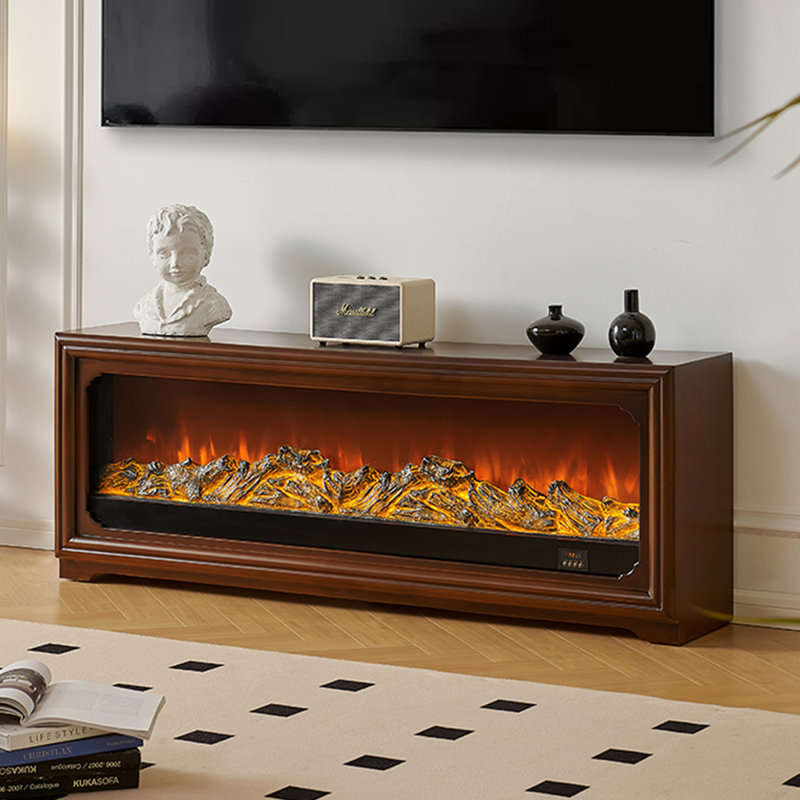 Meuble télé avec foyer en bois manufacturé brun massif, H 23,62 po x l 62,99 po x P 12,99 po, Brun