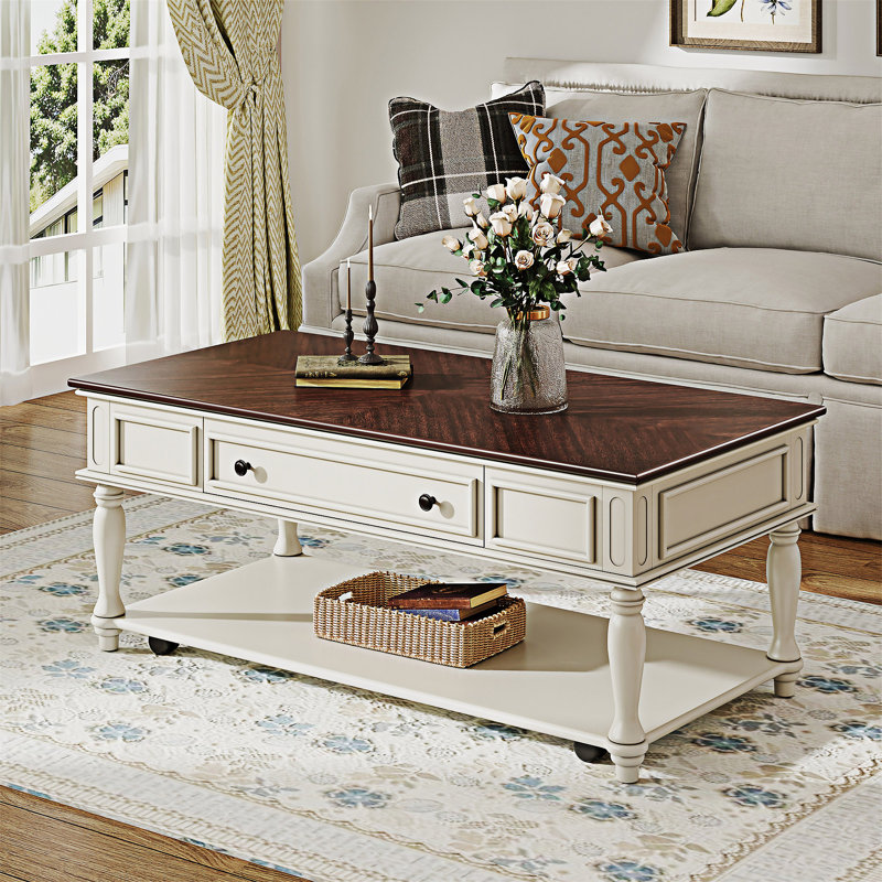 Table basse avec rangement Farmhouse, Blanc, Noyer